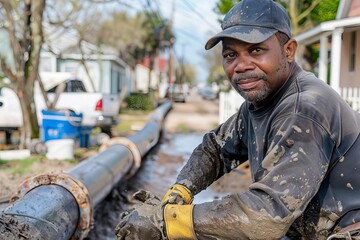 man working to restore water pipes in new orleans infrastructure repair and maintenance candid photo