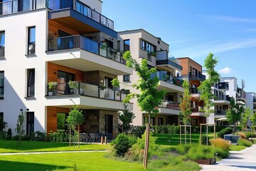 Modern new buildings and multi-family houses in a new urban housing development, architectural photography
