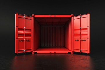 open empty red cargo container with doors ajar waiting for loading and shipping isolated on black 3d rendering