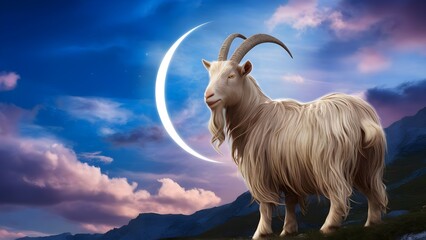 A Goat standing on a mountainside against a beautifully sky And crescent moon of Eid Mubarak, Eid al Adha Goat background with copy space to write eid mubarak quotes and wishes