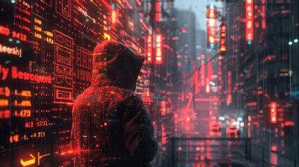 Fototapeta premium A cyberpunk scene of a hacker accessing a blockchain network, with digital locks and security protocols visualized