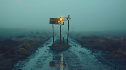 A deserted crossroads at dusk with old, weathered road signs pointing in different directions