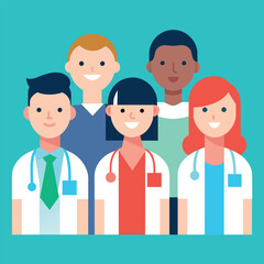 Group of various doctors. Teamwork, medical services concept. Female and male medical specialists, human characters in uniform. stock illustration