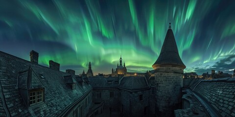 Night sky ablaze with auroras over an ancient cityscape, weaving magic through historic streets. Surreal charm in the heart of antiquity. 🌌🏙️✨