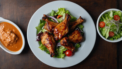 Fototapeta premium grilled chicken wings with salad and sauce