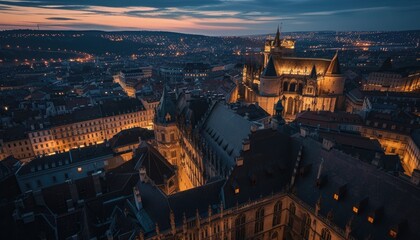 Obraz premium Behold the beauty of a medieval city from above, with majestic castles and palaces adorning the landscape, painting an enchanting picture. 🏰🌆✨