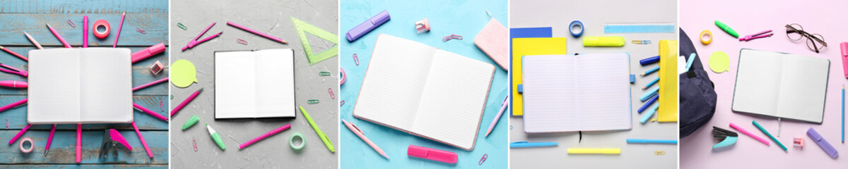 Collage with many blank notebooks and different school supplies on color background, top view