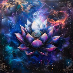 a floating lotus flower within the universe with a nebula around it, colorful and spiritual feeling and surrounded by a Hindu mandala