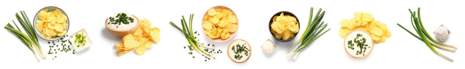 Set of tasty potato chips with sour cream and green onion on white background
