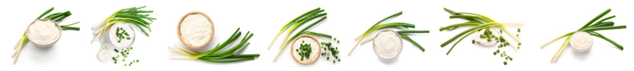 Set of tasty sour cream with green onion on white background