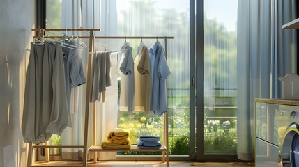 Casual Clothes Hanging in Home with Rainy Window View