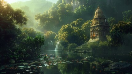 a serene jungle with glowing plants and hindu temple, fantasy