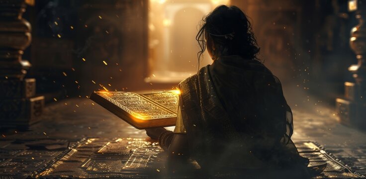 A mysterious shadowed figure opening an ancient Hindu scripture with glowing symbols around
