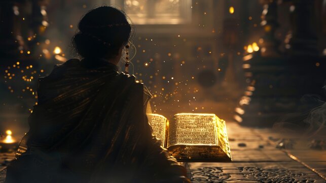 A mysterious woman opening an ancient Hindu scripture with glowing symbols around