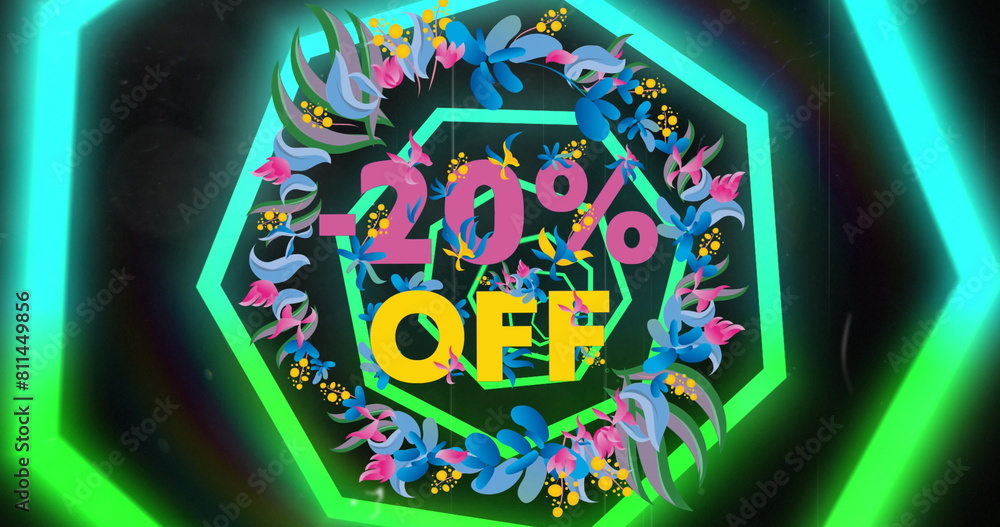 Poster image of 20 percent text over multicolored flowers with illuminated hexagon tunnel
