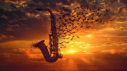 Saxophone Transforming into Flock of Birds Soaring Towards Vibrant Sunset Sky