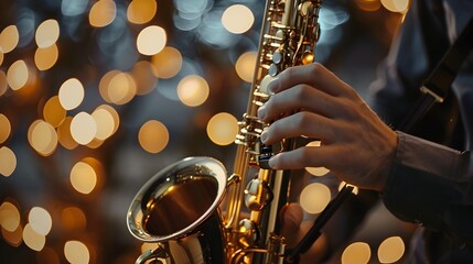 Fototapeta premium Skilled Musician Performing on Elegant Brass Saxophone with Festive Lighting in the Background