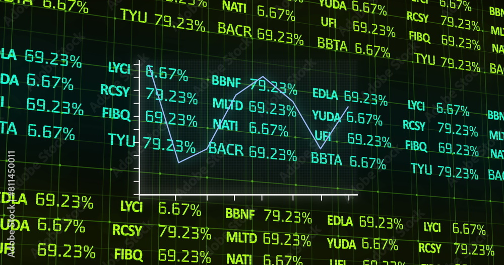 Poster image of graph over over stock market data processing against black background