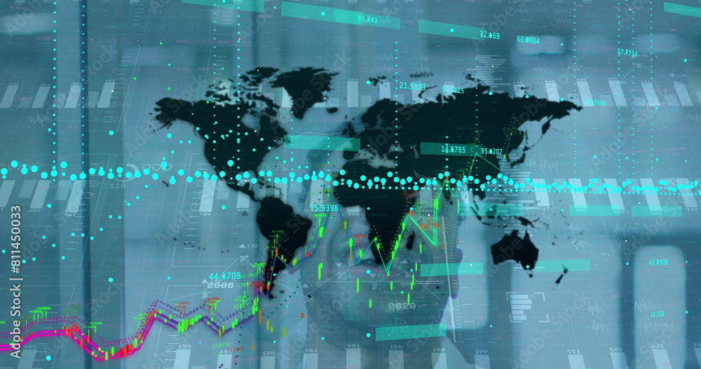 Poster image of financial data processing with statistics over world map and biracial businessman