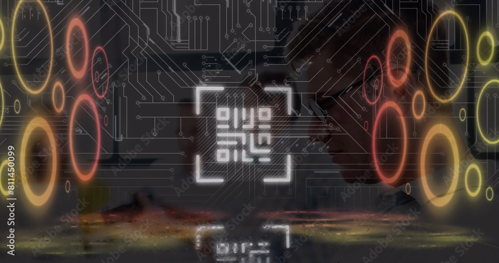 Poster image of qr code, circles and integrated circuit over dark space