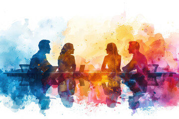 Colorful watercolor paint of group people discussion on business meeting