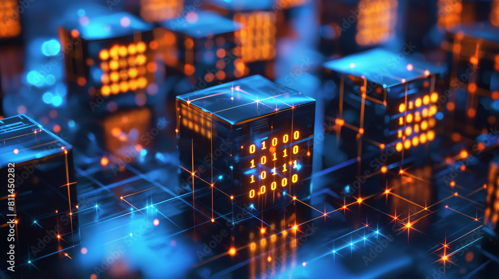 Poster digital data cubes with binary codes, futuristic technology background, modern cyber tech wallpaper,