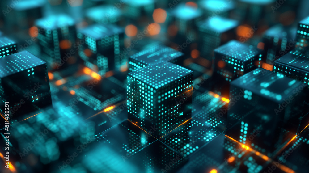 Poster digital data cubes with binary codes, futuristic technology background, modern cyber tech wallpaper,