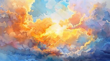 Dynamic watercolor of a sunset sky, large clouds reflecting intense golden light, evoking awe-inspiring serenity
