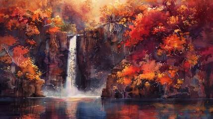 Dynamic watercolor of a waterfall tumbling into a lake, fiery autumn trees on the cliffs surrounding the waters with vibrant reds and golds