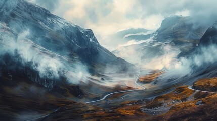 Dynamic watercolor of a winding road through a picturesque mountain pass, fog rolling over the peaks under a radiant sunrise