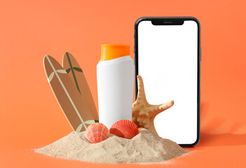 Composition with heap of sand, sunscreen cream and decor on color background
