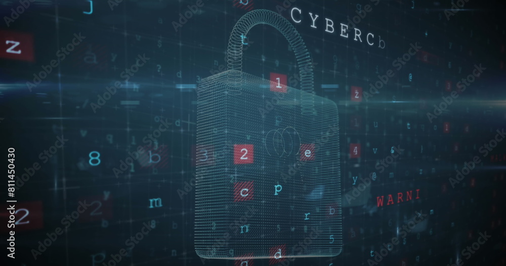 Poster image of cyberattack text, data processing over security padlock