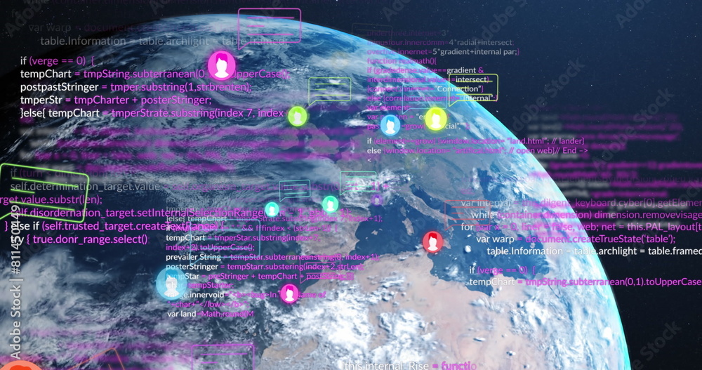 Poster image of digital icons and data processing over globe