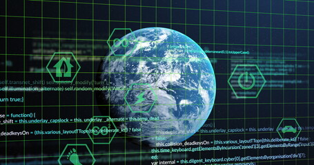 Image of eco icons and data processing over globe