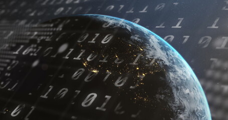 Obraz premium Image of binary coding and data processing over globe