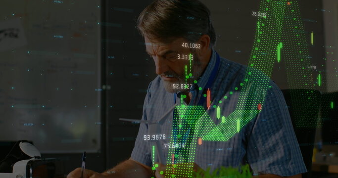 Image of data processing over woman using smartphone