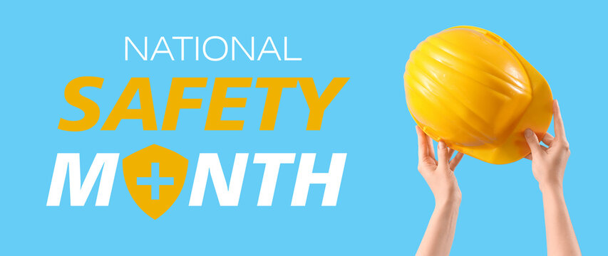 Female hands holding safety hardhat on blue background - Powered by Adobe