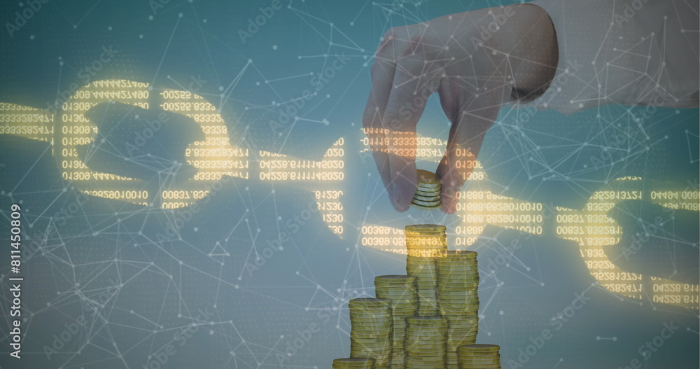 Poster image of numbers in blockchain and connected dots on caucasian man cropped hand stacking coins