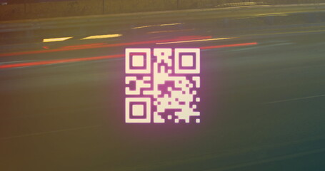 A digitally generated image of a qr code with neon elements flashing on a black background