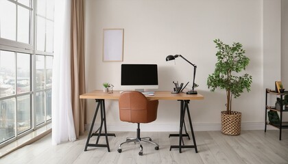  Stylish office interior with workplace, pc computer and window. Mock up wall