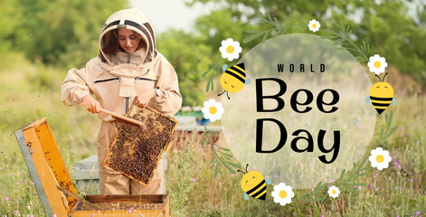 Female beekeeper working at apiary