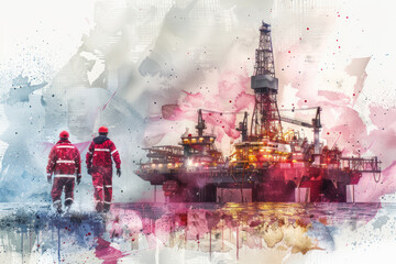 Obraz premium Pink watercolor paint of engineers working on offshore oil and gas drilling