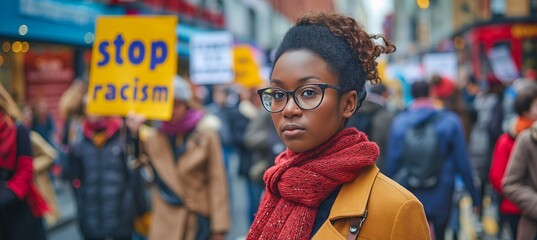 Determined Woman at Anti-Racism Rally Holding 'Stop Racism' Sign