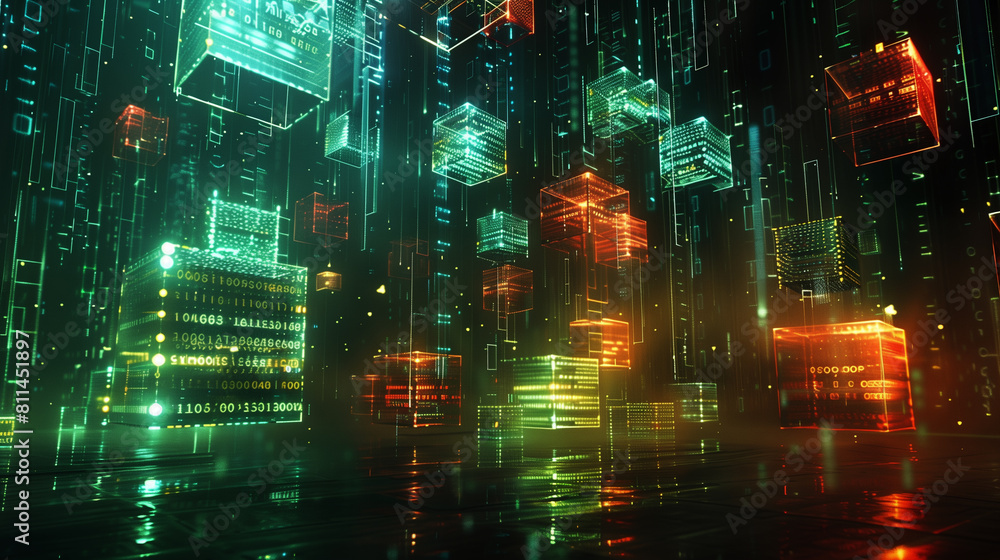 Poster digital data cubes with binary codes, futuristic technology background, modern cyber tech wallpaper,