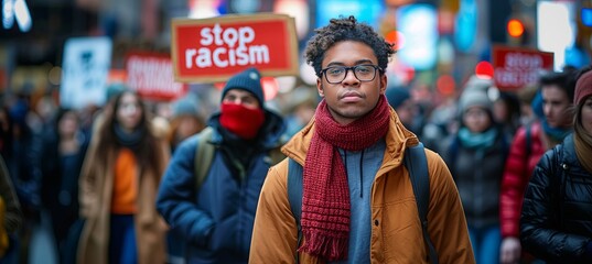 Fototapeta premium A man stands before a gathering, with the crowd at the rally voicing 