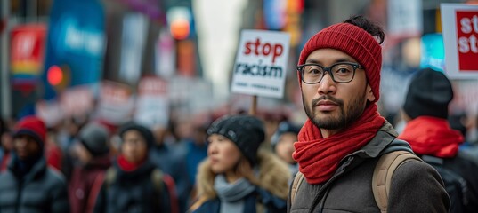 photo of a  crowd, a meeting, chanting stop racism in order to protect human rights.