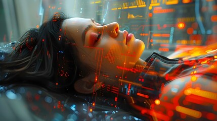 Futuristic Woman Immersed in Digital Information Landscape of Art Deco Inspired Surrealism