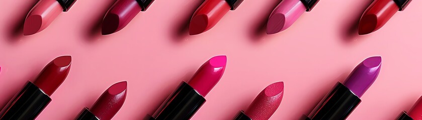 Vibrant lipsticks set on a pink background, showcasing different shades of red and purple for makeup and beauty product advertising. The stock photo has professional color grading with soft shadows an