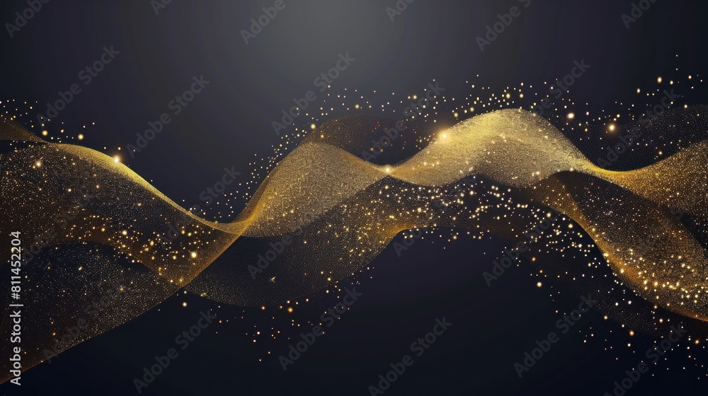 Poster abstract golden wave. shiny gold line design element with sparkling effect on dark background