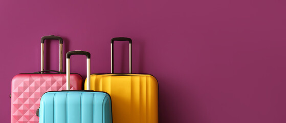 Packed suitcases on color background